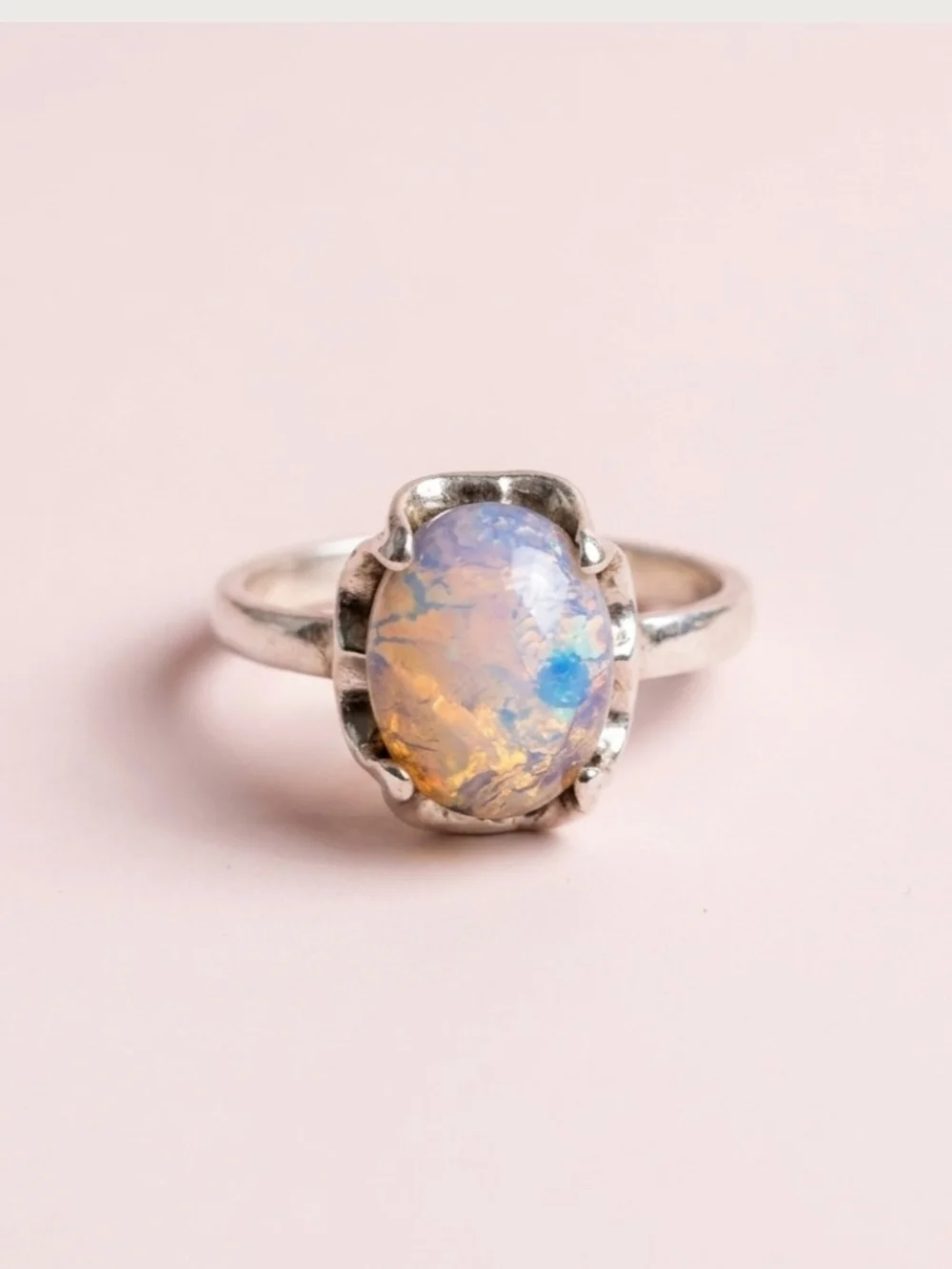 Sterling Silver Opal Cabochon Ring Iridescent Blue-Peach